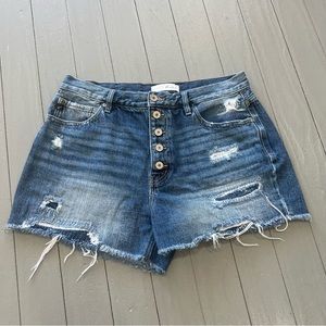 Kancan jeans mom shorts womens 30 blue medium‎ wash high rise distressed denim